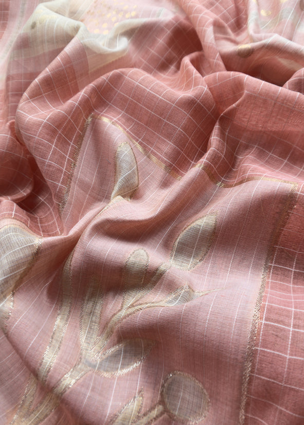 Pastel Pink Chanderi Kurta With Appliqué Work And Dupatta With Jamdani Weaving