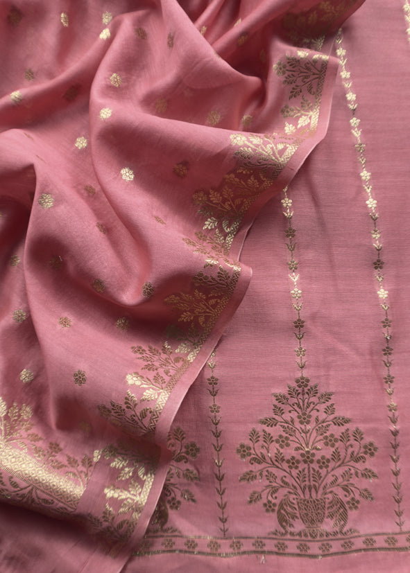 Guldasta 2025 Mauvish Pink Pure Silk Suit With Gold Weaving