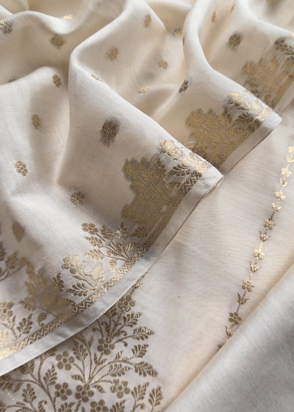 Guldasta 2025 White Pure Silk Suit With Gold Weaving