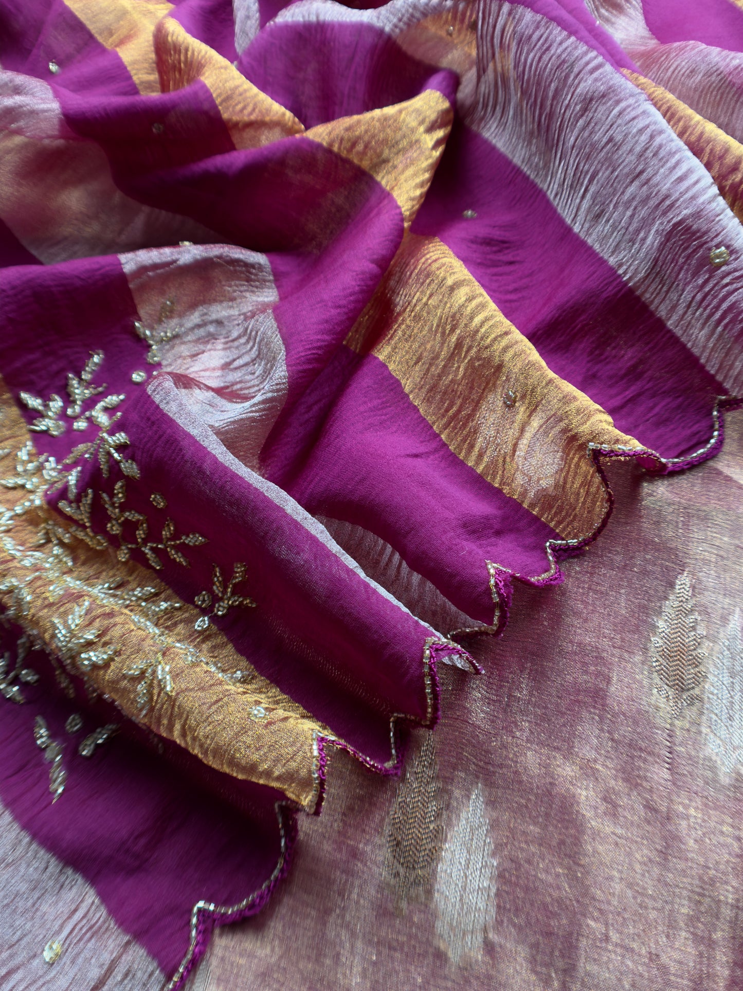 Gold And Wine Pure Tissue Silk Woven Suit Fabric With Cutdana Handwork