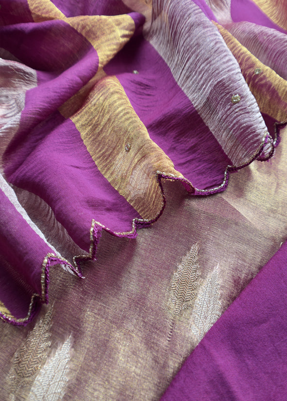 Gold And Wine Pure Tissue Silk Woven Suit Fabric With Cutdana Handwork