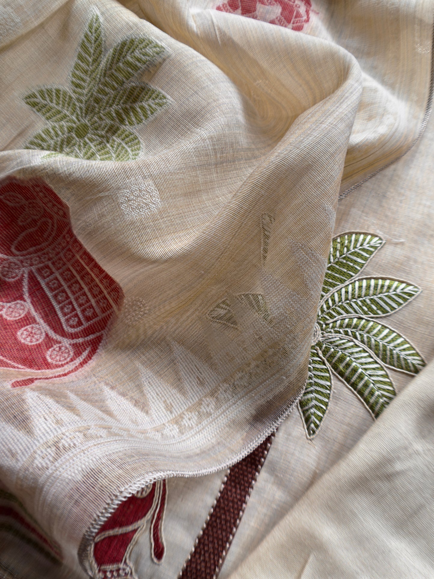 Red Pure Linen Haathi Embroidered Suit With Jamdani Weaving