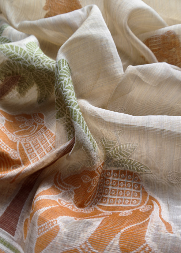 Orange Pure Linen Haathi Embroidered Suit With Jamdani Weaving