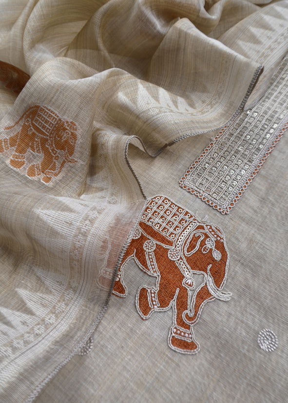 Orange Pure Linen Haathi Embroidered Suit With Jamdani Weaving
