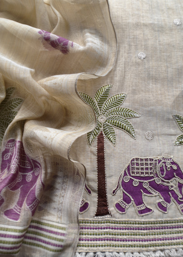 Purple Pure Linen Haathi Embroidered Suit With Jamdani Weaving