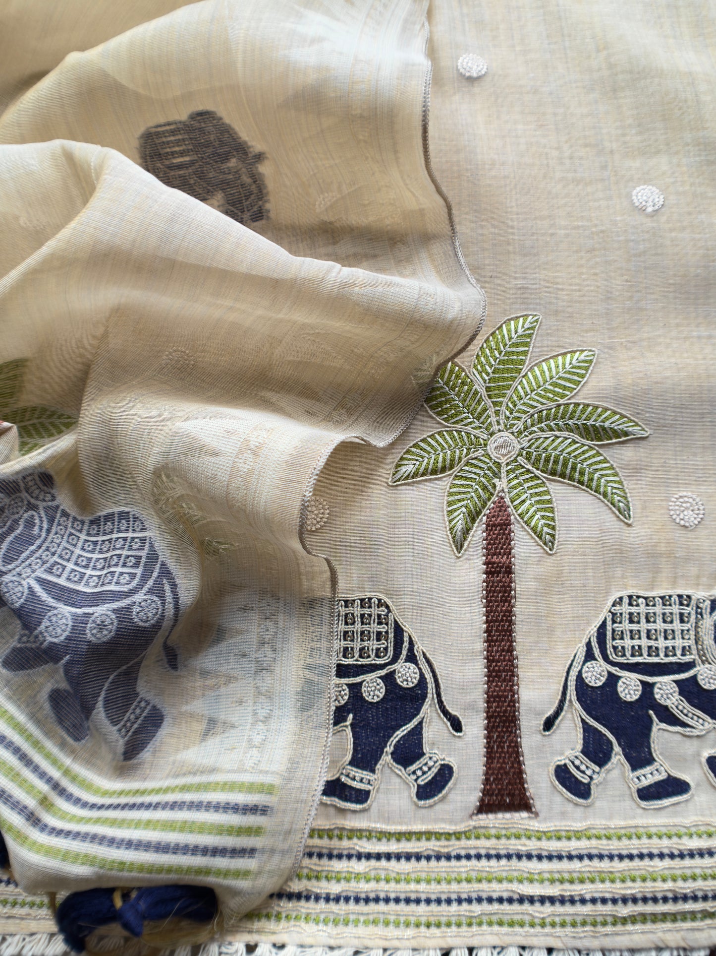 Blue Pure Linen Haathi Embroidered Suit With Jamdani Weaving