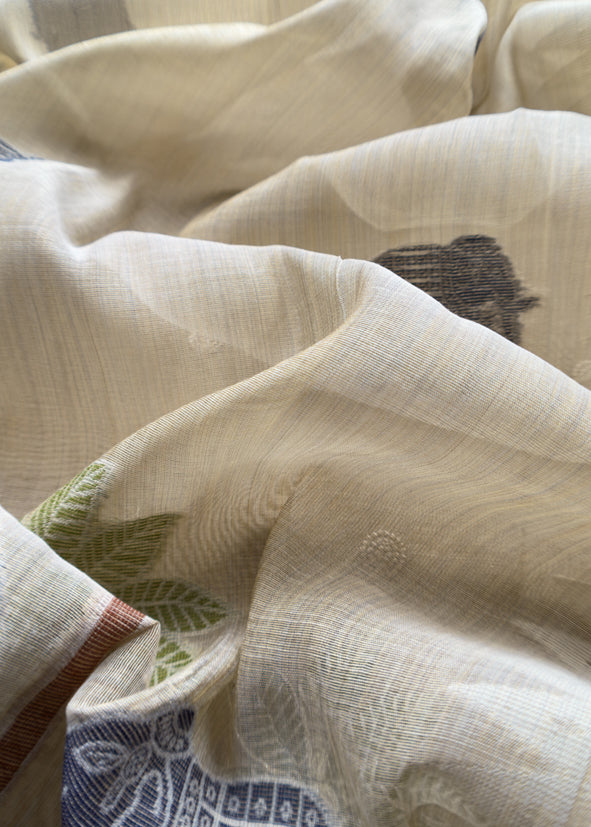 Blue Pure Linen Haathi Embroidered Suit With Jamdani Weaving