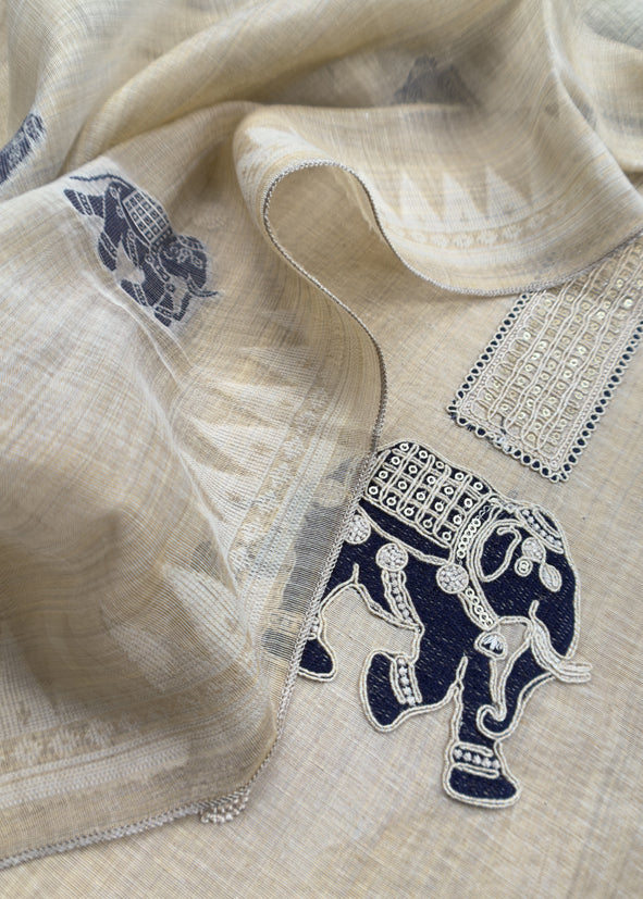 Blue Pure Linen Haathi Embroidered Suit With Jamdani Weaving