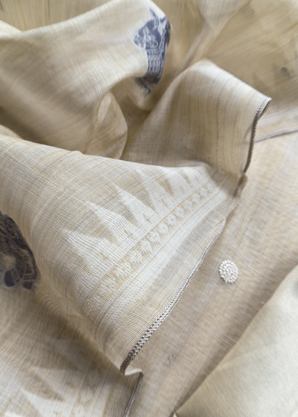 Blue Pure Linen Haathi Embroidered Suit With Jamdani Weaving