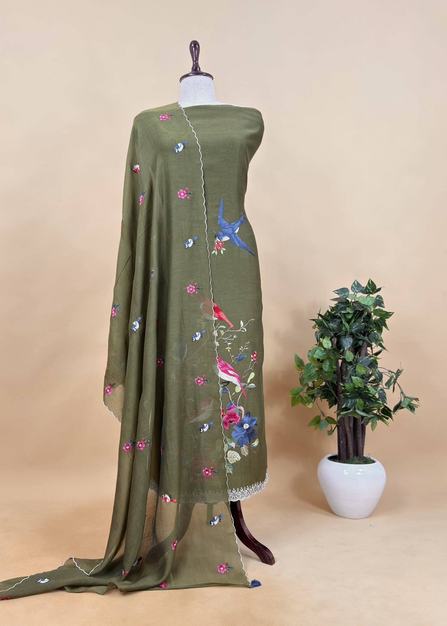Mehndi Green Pure Mul Cotton Chidiya Embroidered Suit With Dupatta