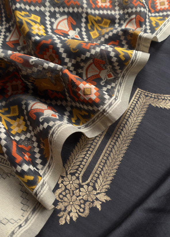 Jet Black Pure Banarasi Silk Kurta And Woven Patola Dupatta