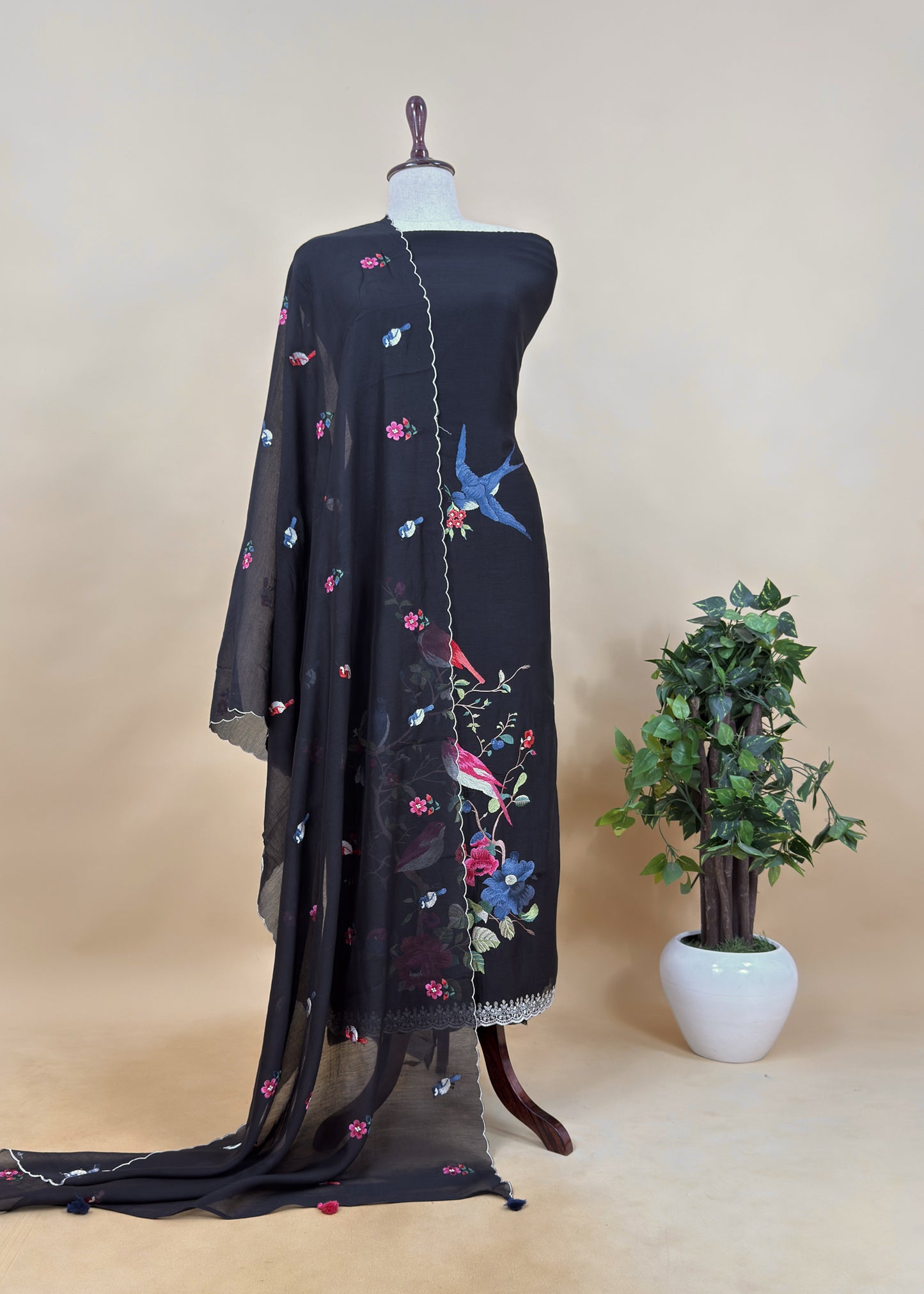 Mehndi Green Pure Mul Cotton Chidiya Embroidered Suit With Dupatta