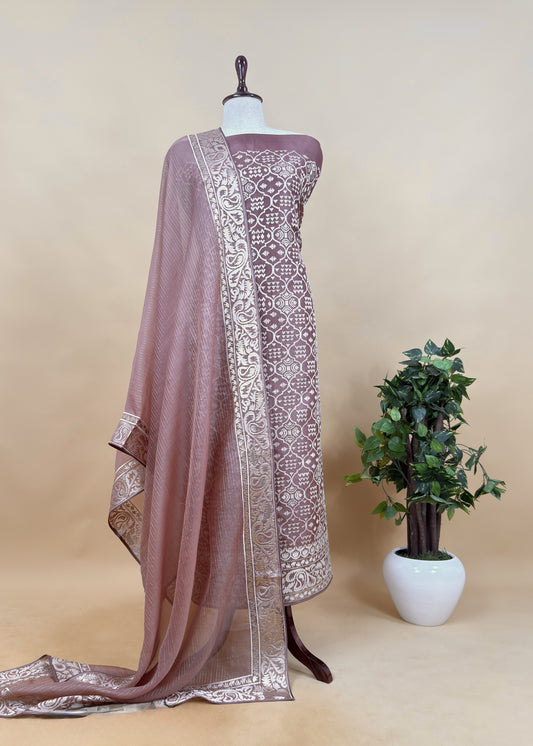 Luxe Ajanta Ellora Inspired Dusty Mauve Handloom Organza Silk Suit And Panel Gold Silver Zari Dupatta