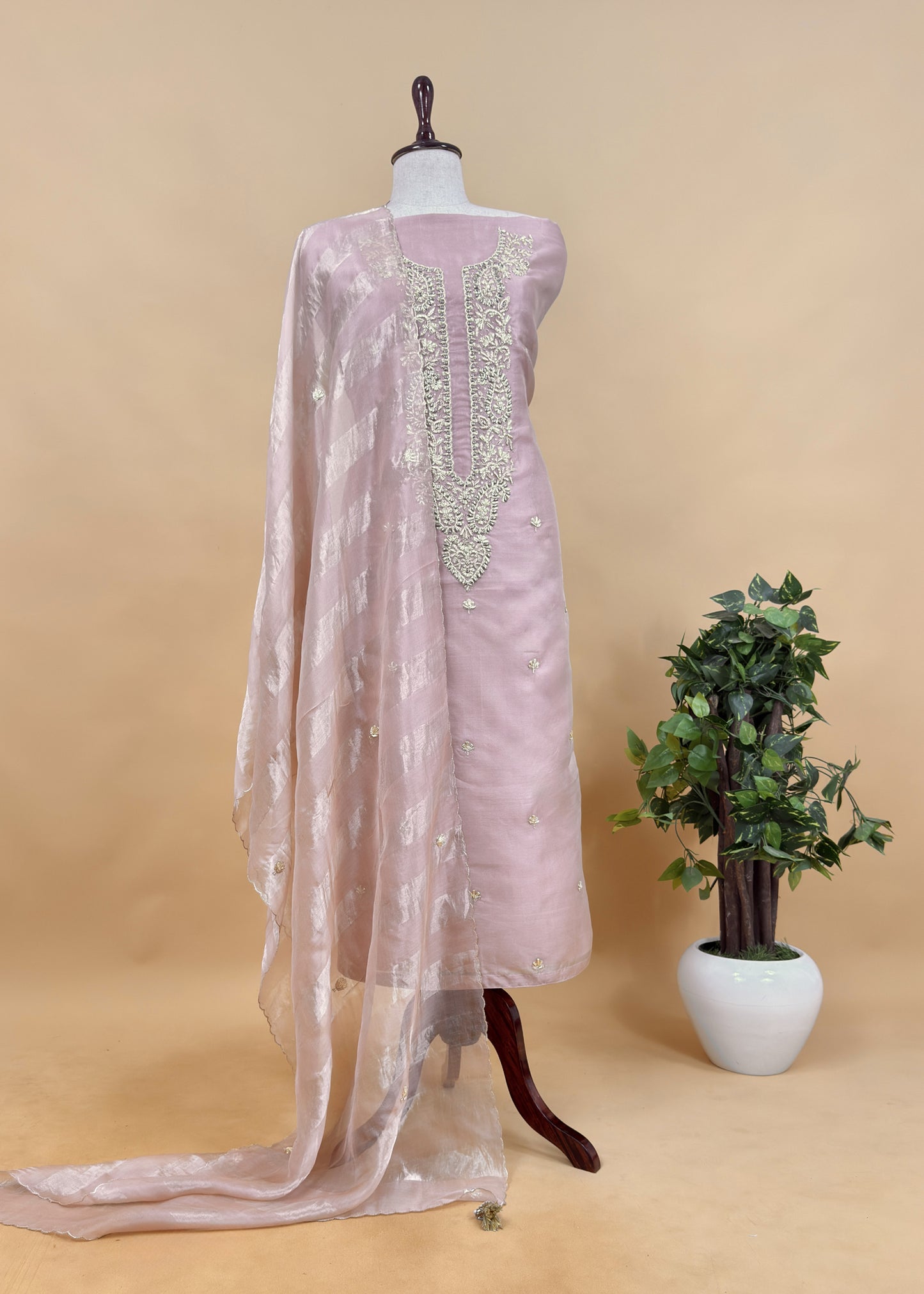 Baby Peach Handloom Kora Silk Suit Fabric With Dabka and Gota Handwork