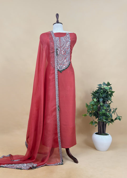 Rangreza 2025 Reddish Brown Luxe Handloom Raw Silk Kurta and Kora Silk dupatta with Handwork