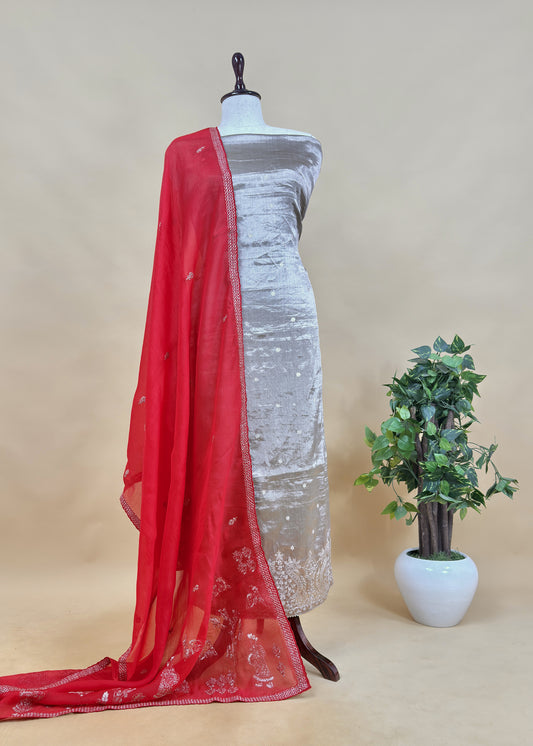 Luxe Golden Red Dulhan Handloom Tissue Silk Kurta And Kora Silk Dupatta With Pitta Hand Work