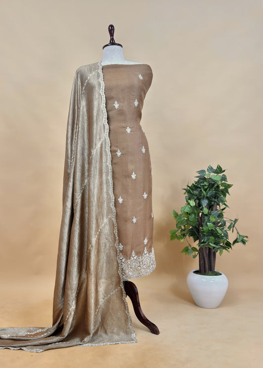 Golden Brown Embroidered Crush Tissue Silk Suit