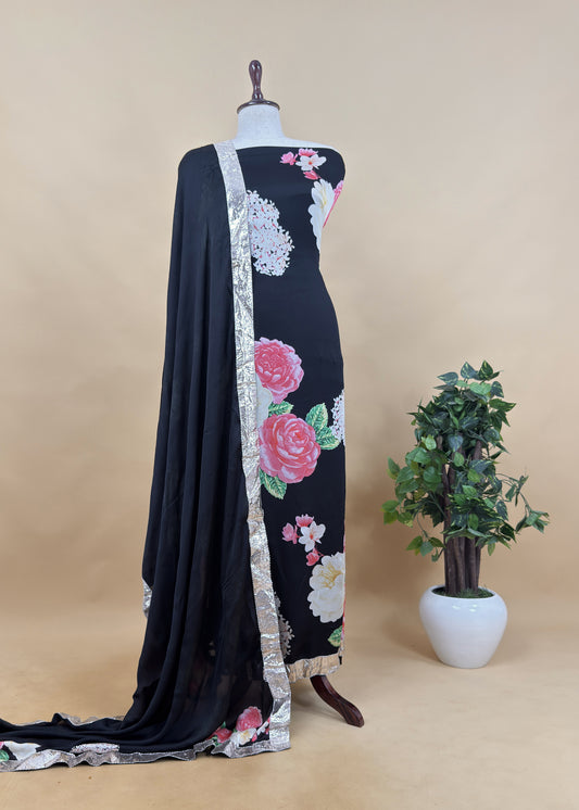 Rohit Bal Floral Digital Print Pure Satin Silk Dupatta-Suit With Laces