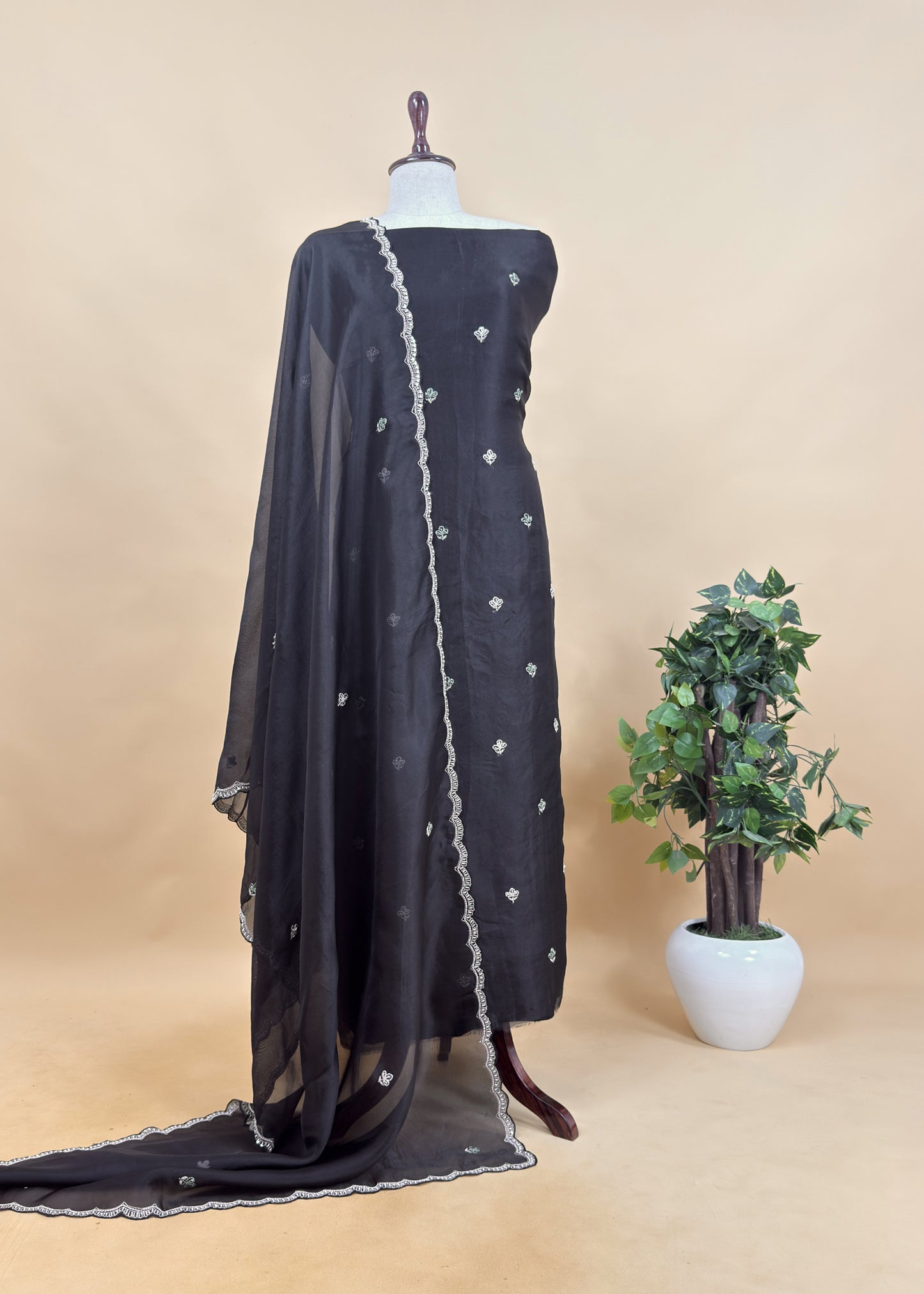 Kalasheel Luxe Midnight Black Handwoven Organza Suit With Hand work