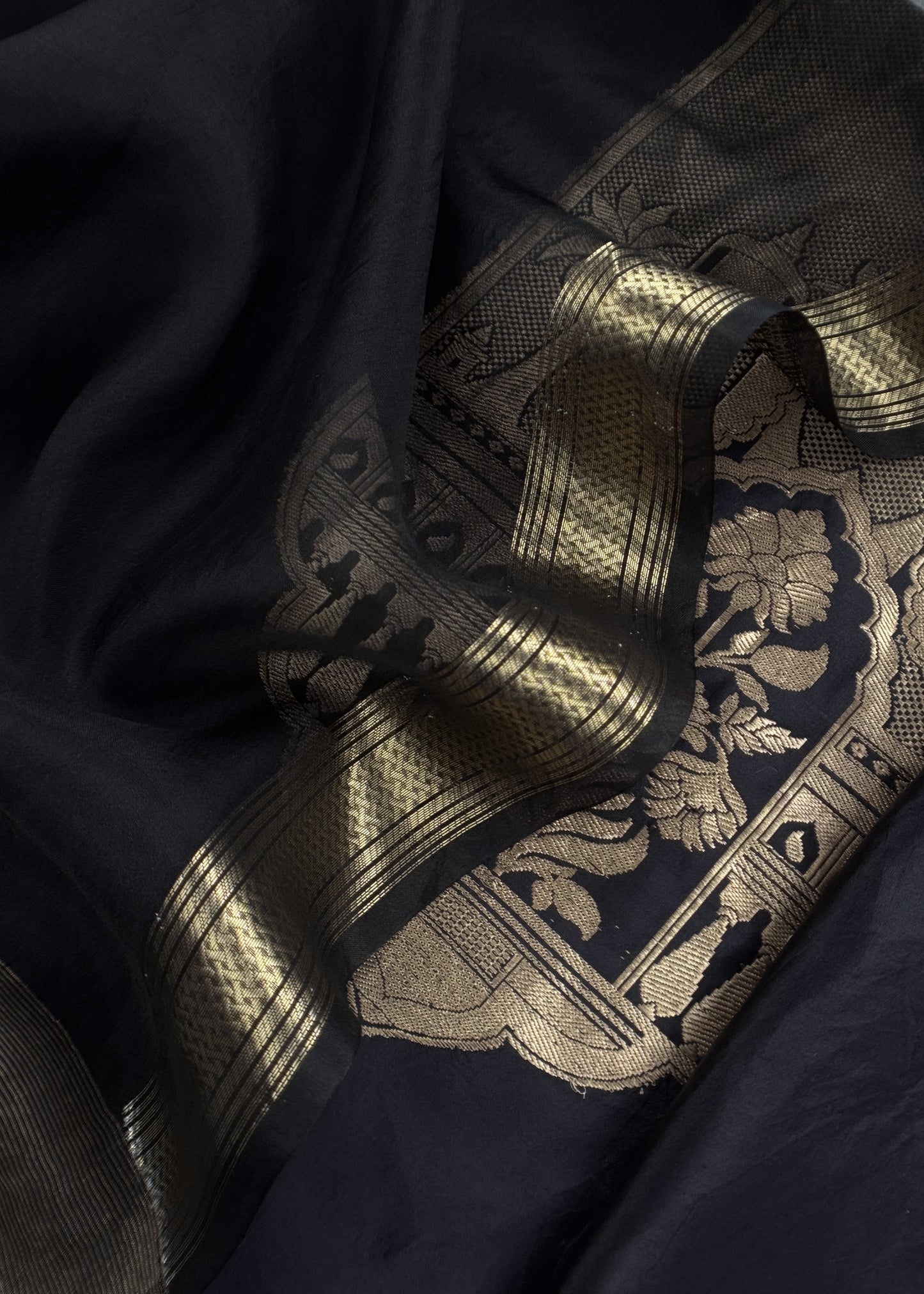 Black Handloom Katan Silk Suit Fabric With Kadwa Weaving