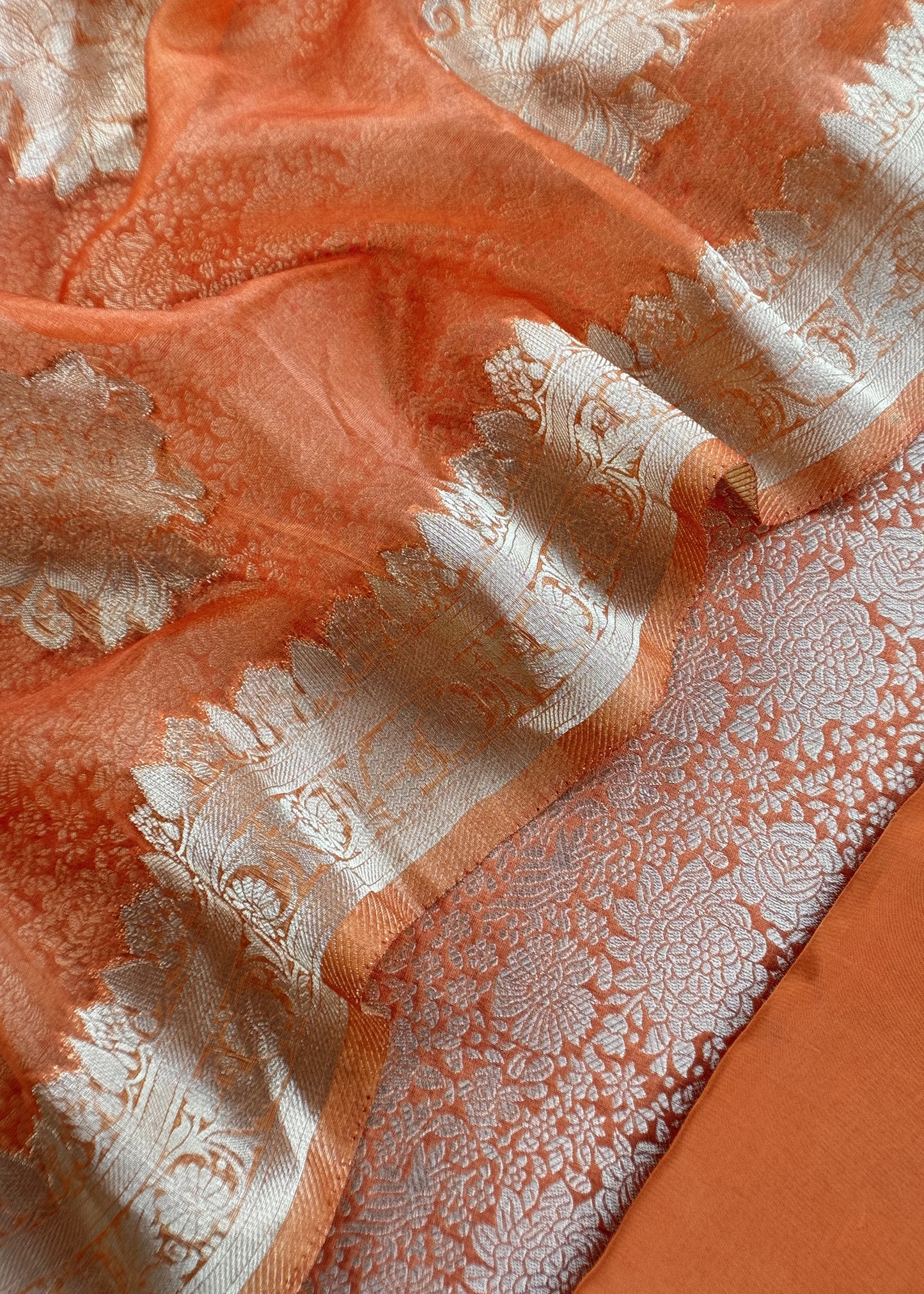 Orange Banarasi Silk Brocade Suit With Organza Dupatta