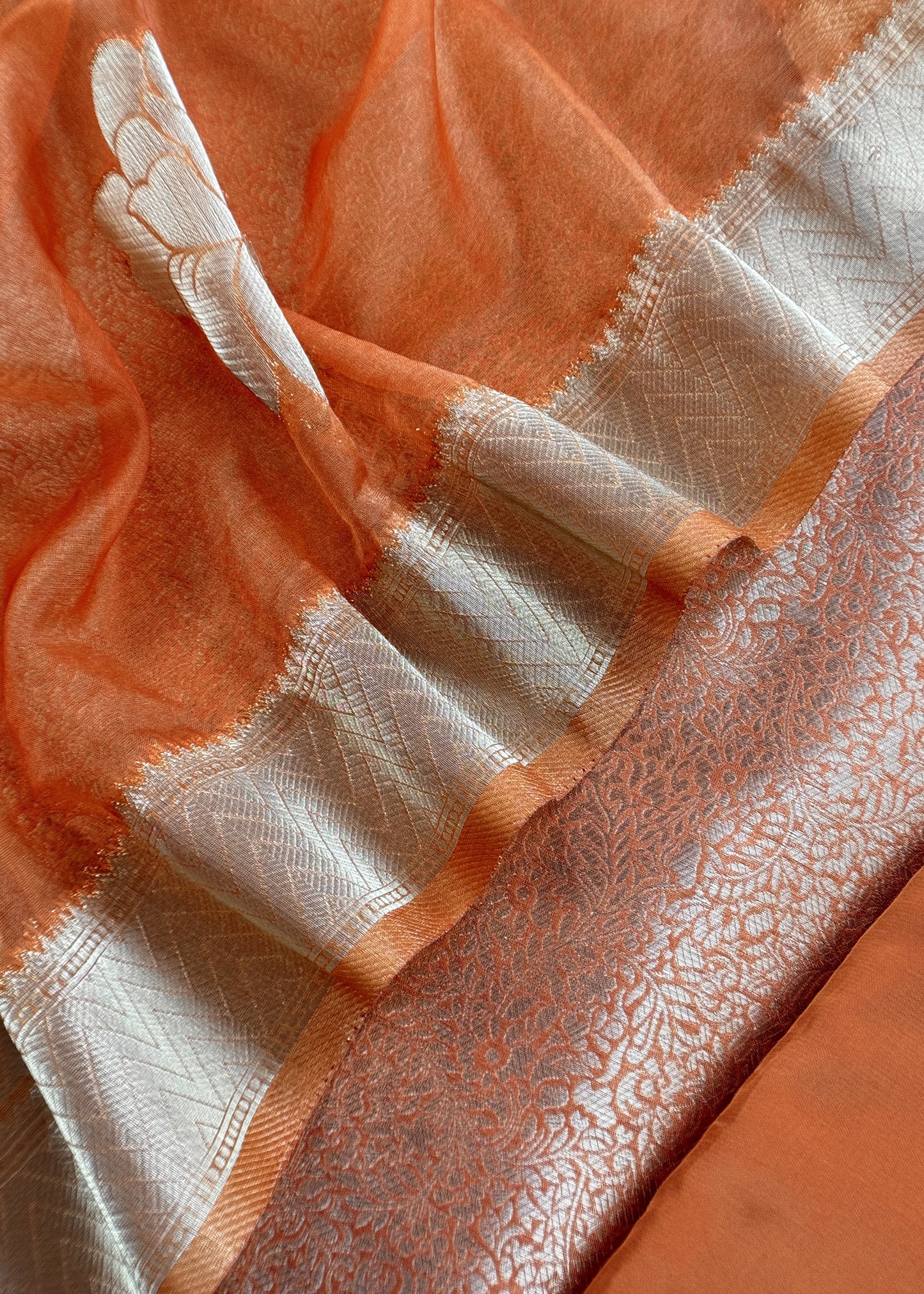 Orange Banarasi Silk Brocade Suit With Organza Dupatta