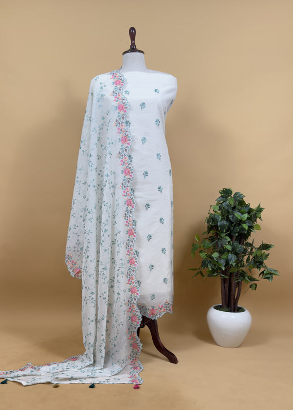 Off-White With Yellow Pure Mul Banarasi Cotton Suit With Resham Embroidery