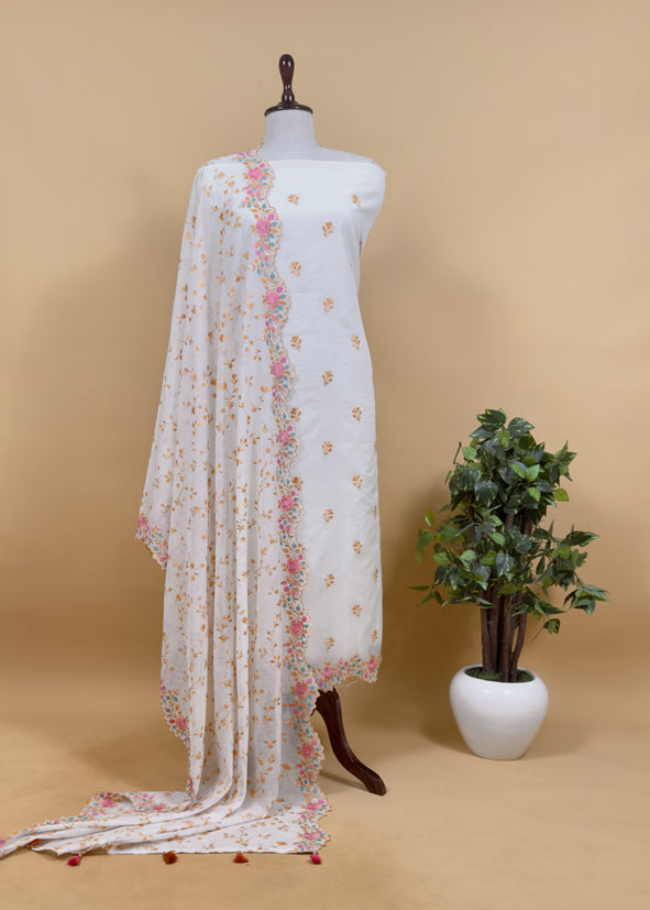 Off-White With Blue Pure Mul Banarasi Cotton Suit With Resham Embroidery