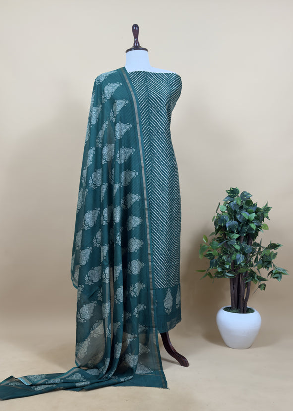 Green Maheshwari Silk Unstitched Suit With Leheriya And Block Print