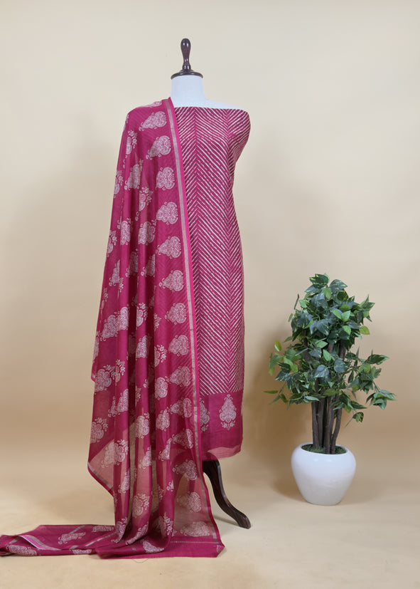 Green Maheshwari Silk Unstitched Suit With Leheriya And Block Print