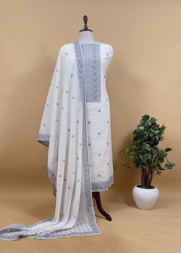 Off White With Blue Cotton Linen Suit With Jamdani Weaving