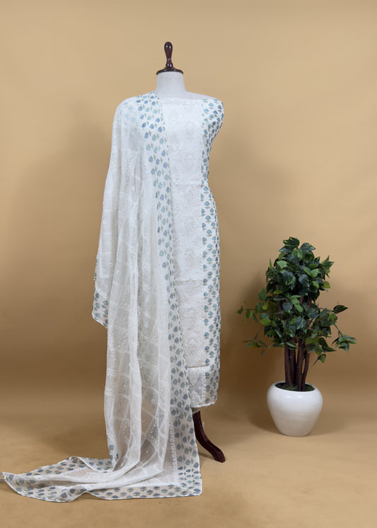 Blue Pure Mul Cotton Hand-block Print Suit With Gold And Resham Embroidery