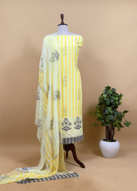 Lemon Yellow Hand Dyed Linen Kurta And Tabby Dupatta With Gold Foil