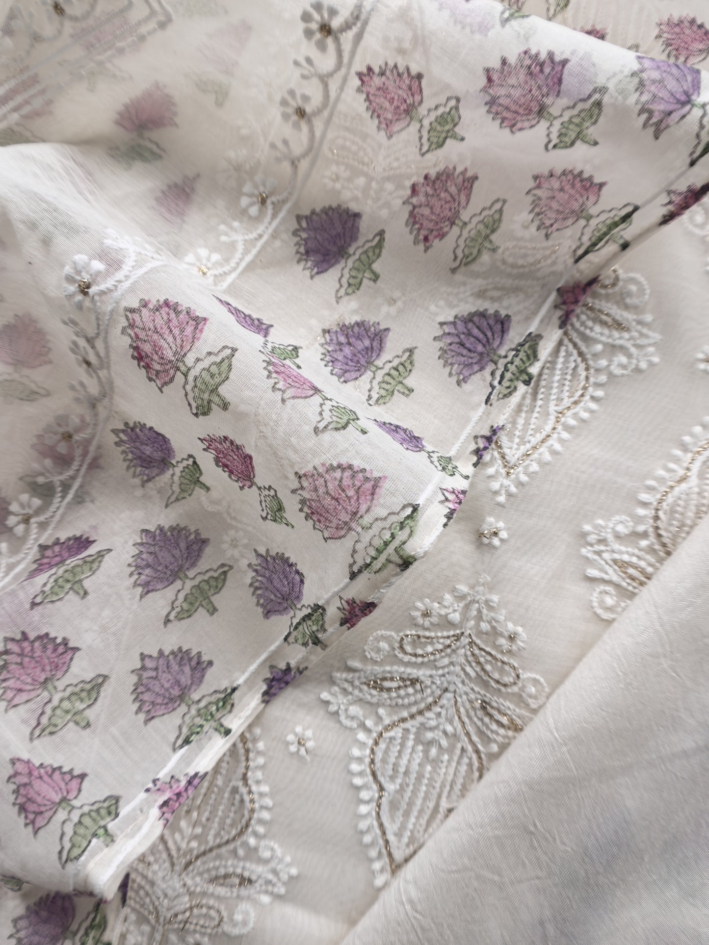 Pink Pure Mul Cotton Hand-block Print Suit With Gold And Resham Embroidery