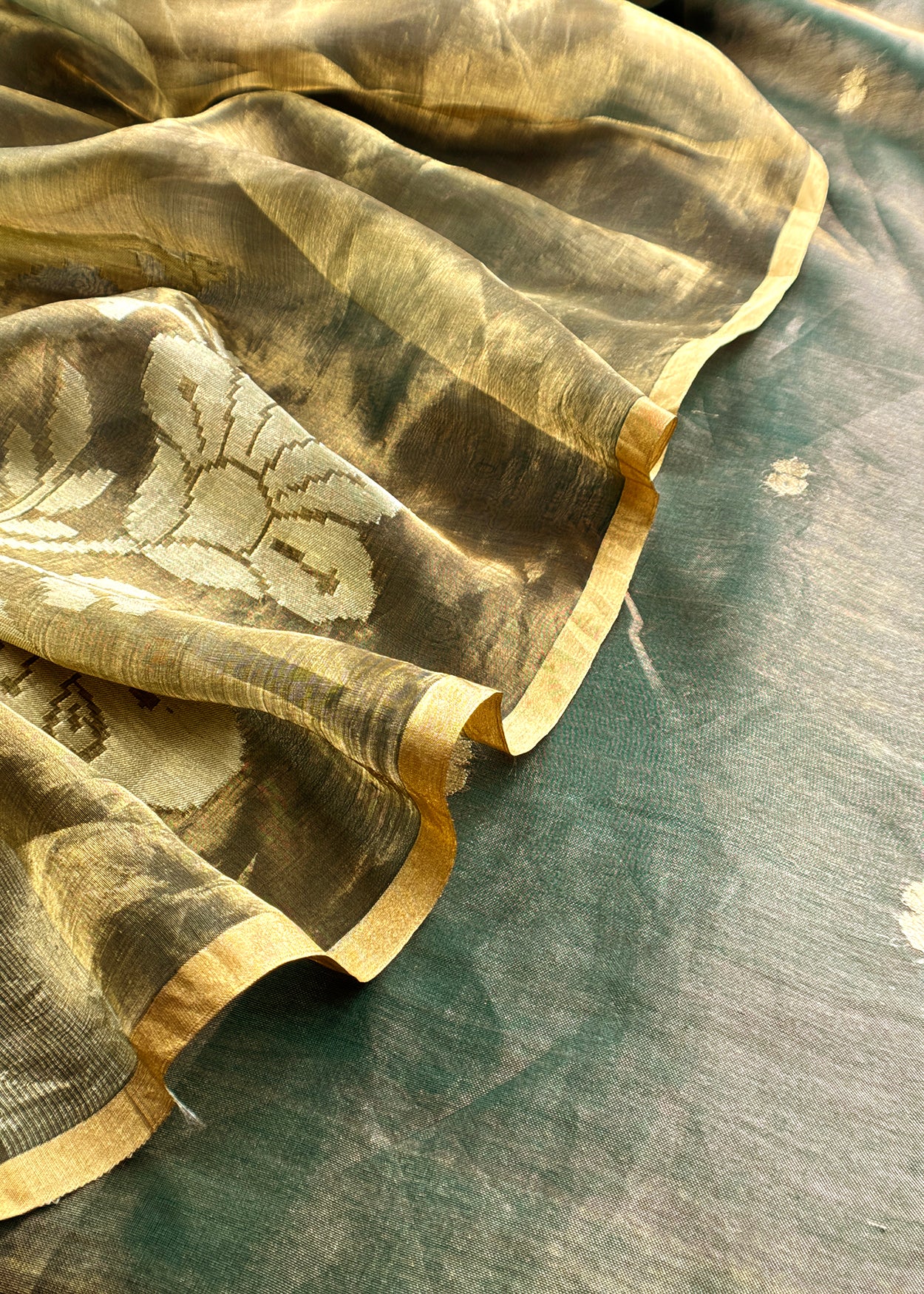 Olive Green Handloom Tissue Silk Suit With Kadwa Weaves