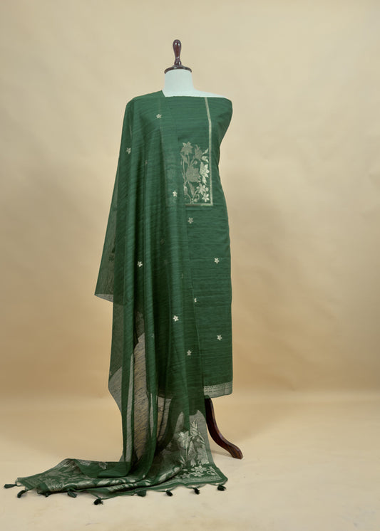 Green Chanderi Unstitched suit with Gold zari Jamdani weaving