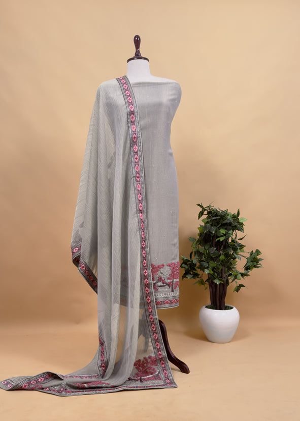 Flamingo Pink Crushed Tissue Silk Suit With Chidiya Embroidery