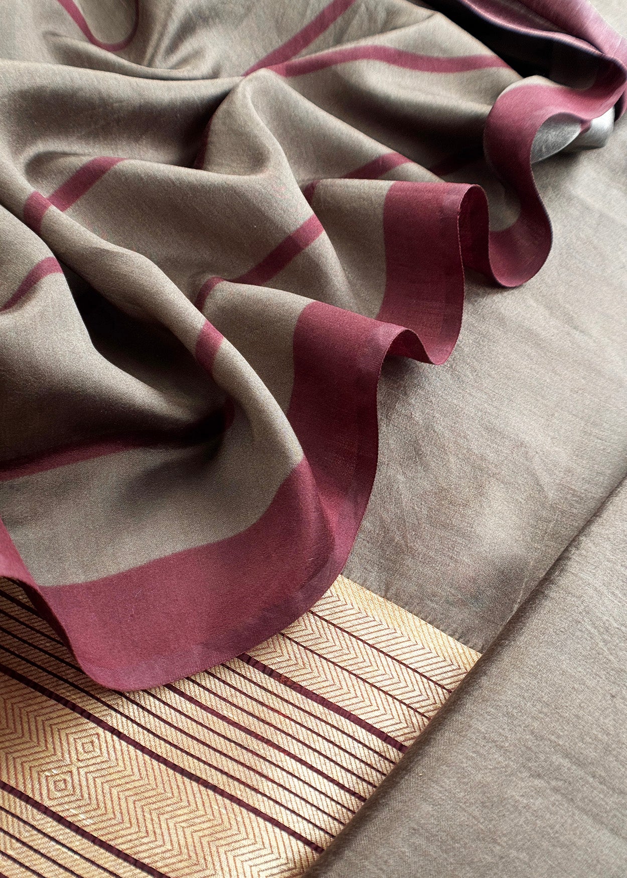 Sheer Kurma Grey Burgundy Handloom Silk Suit with Gold weaving