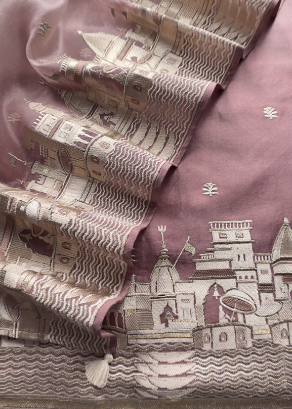 Wild Orchid Pink Kashi Ghat Embroidered Organza Silk Suit fabric