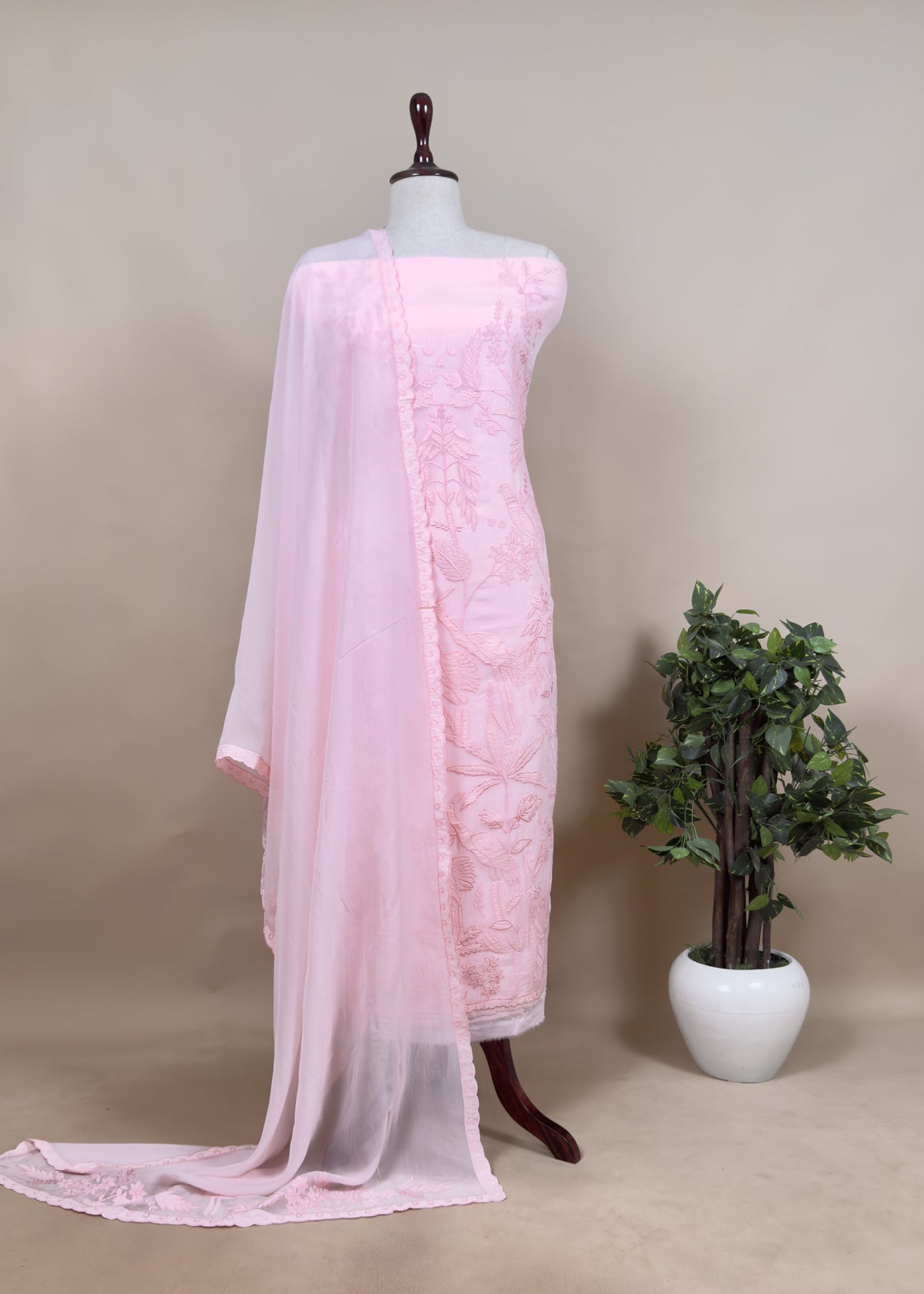Lavender Organza Unstitched Suit with Flamingo Applique Work