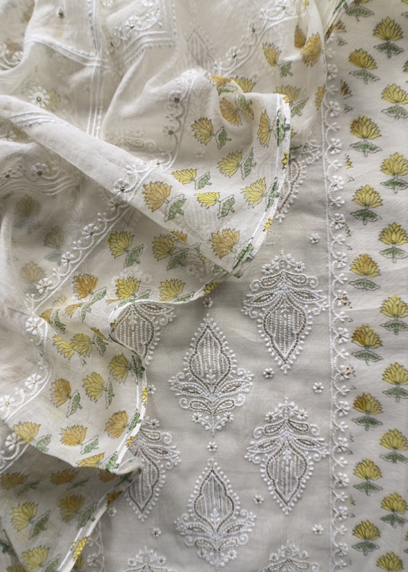Yellow Pure Mul Cotton Hand-block Print Suit With Gold And Resham Embroidery