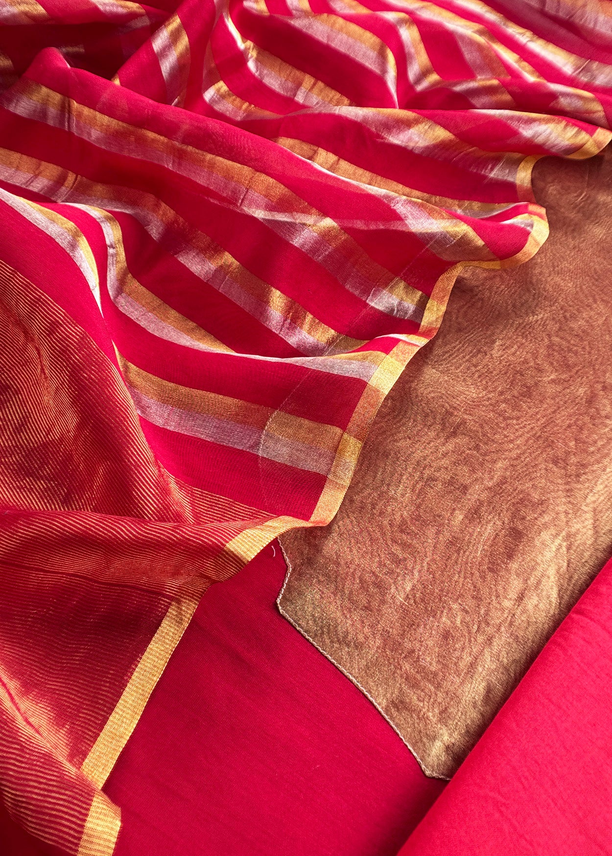 Red Handloom Silk Unstitched Kurta And Sonarupa Zari Panel Dupatta With Tissue Appliqué Work