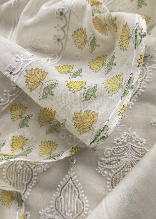 Yellow Pure Mul Cotton Hand-block Print Suit With Gold And Resham Embroidery