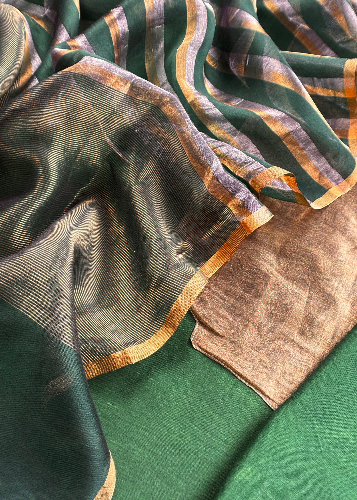 Bottle Green Handloom Silk Unstitched Kurta And Sonarupa Zari Panel Dupatta With Tissue Appliqué Work