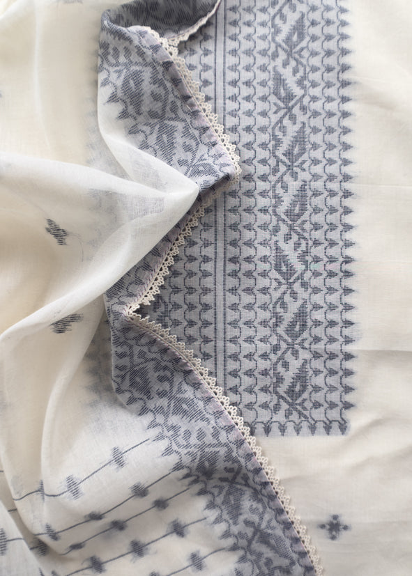Off White With Blue Cotton Linen Suit With Jamdani Weaving