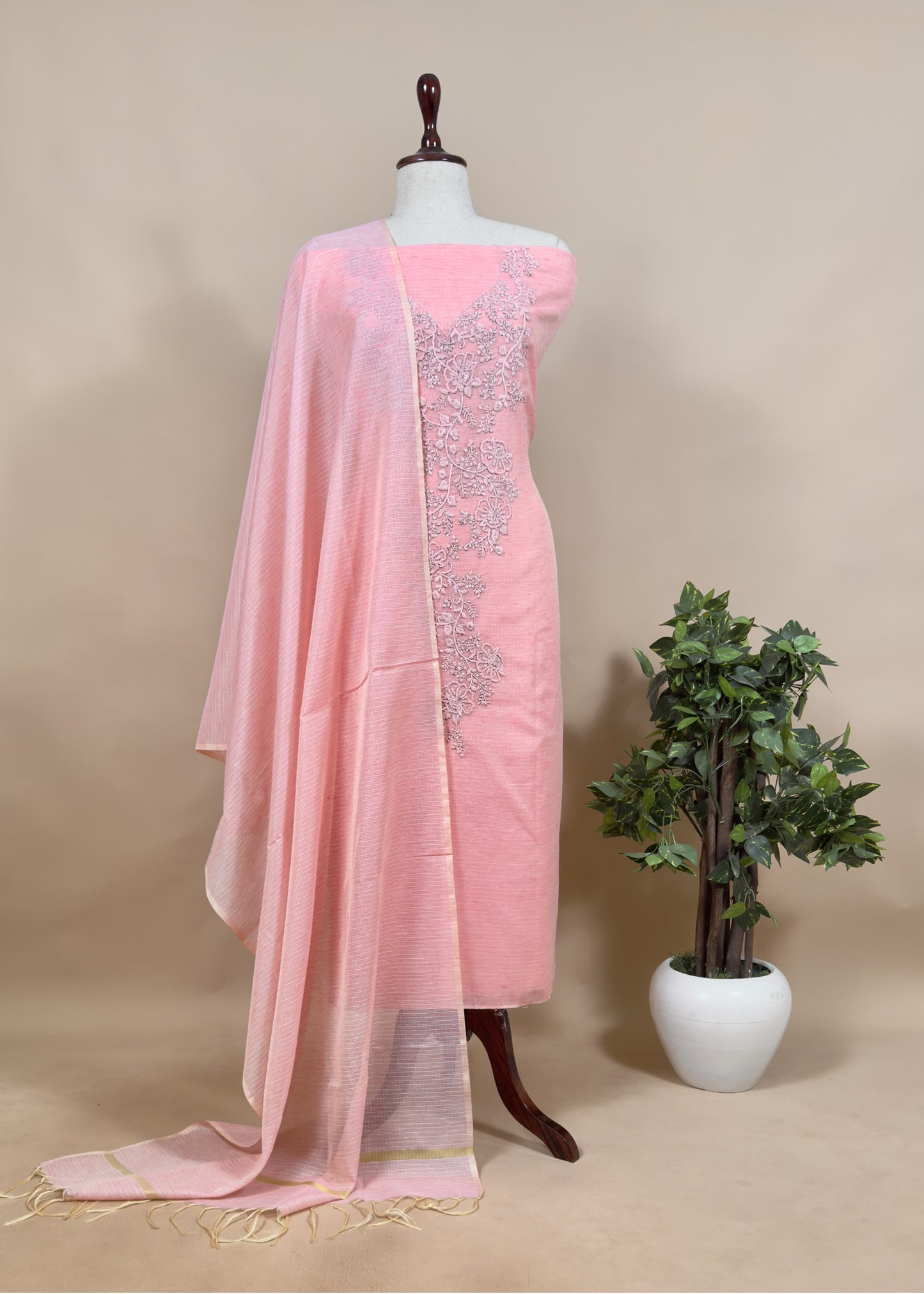 Grey And Sage Green French Knot Hand Embroidered Kota Doria Summer Suit Set