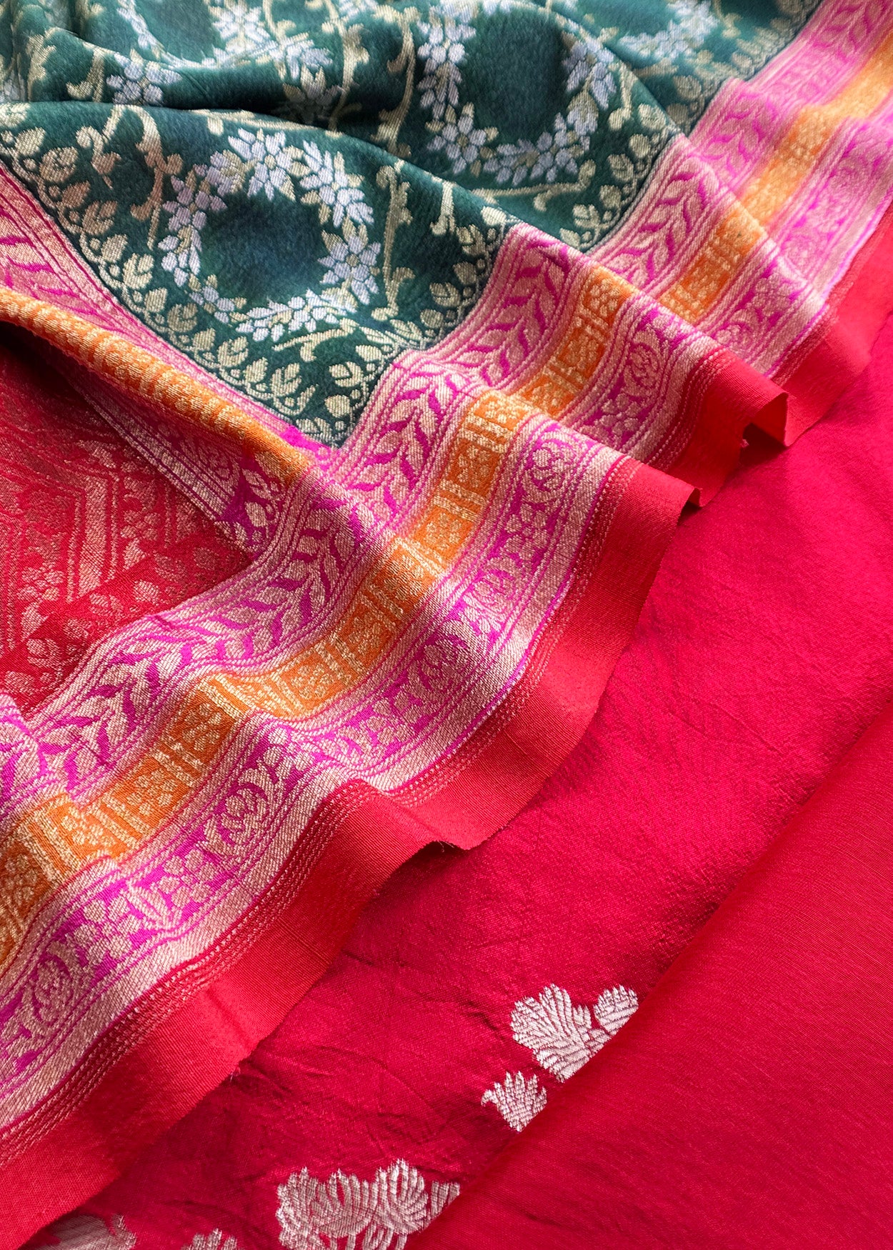 Red Handloom Silk Unstitched Suit Fabric With Hand Paint And Sonarupa Kadwa Weaving