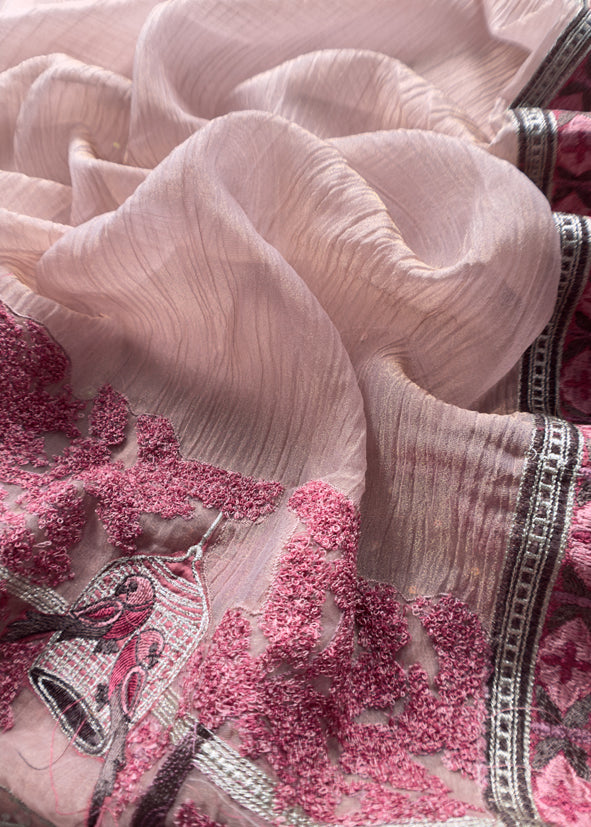 Flamingo Pink Crushed Tissue Silk Suit With Chidiya Embroidery