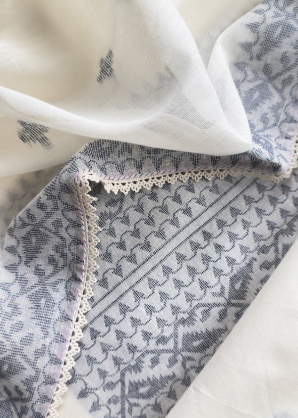 Off White With Blue Cotton Linen Suit With Jamdani Weaving