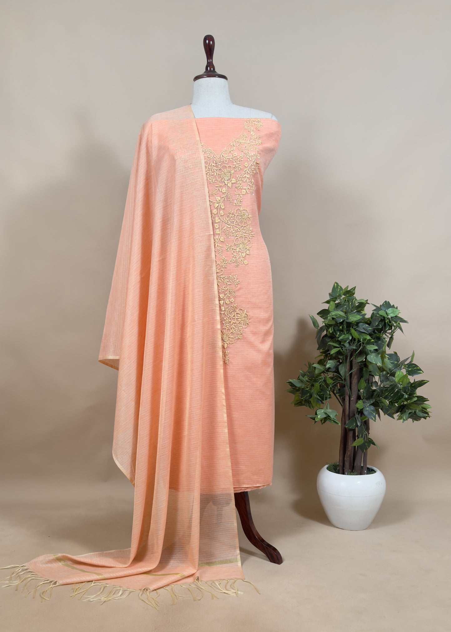 Grey And Sage Green French Knot Hand Embroidered Kota Doria Summer Suit Set